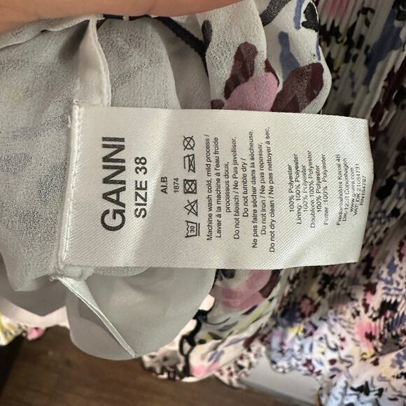 GANNI Floral Plisse Pleated Georgette Mini Dress in Ivory Floral - Picture 7 of 7